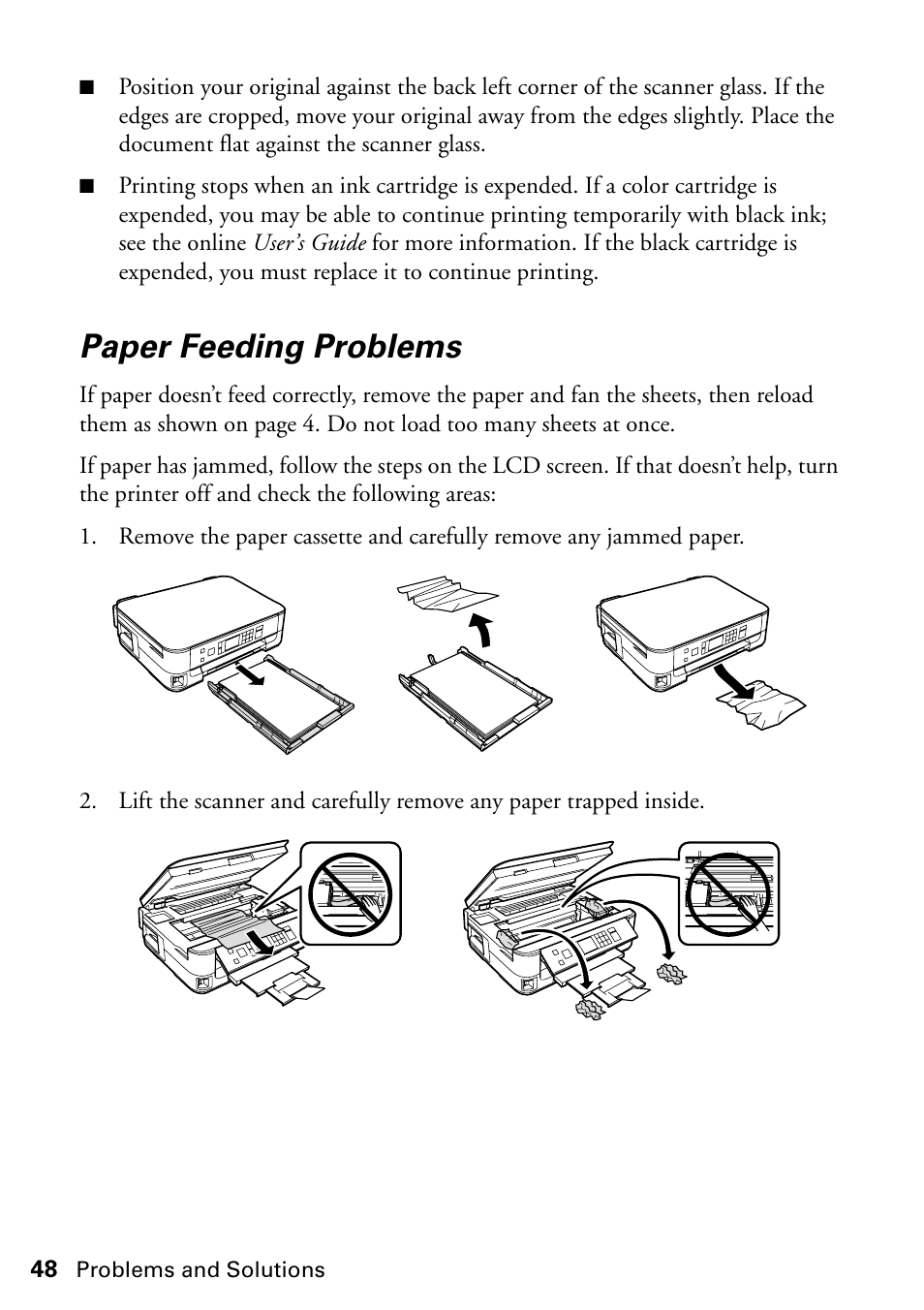 Paper feeding problems | FARGO electronic STYLUS NX625 User Manual | Page 48 / 60