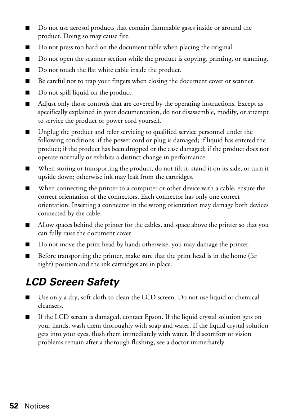 Lcd screen safety | FARGO electronic STYLUS NX625 User Manual | Page 52 / 60