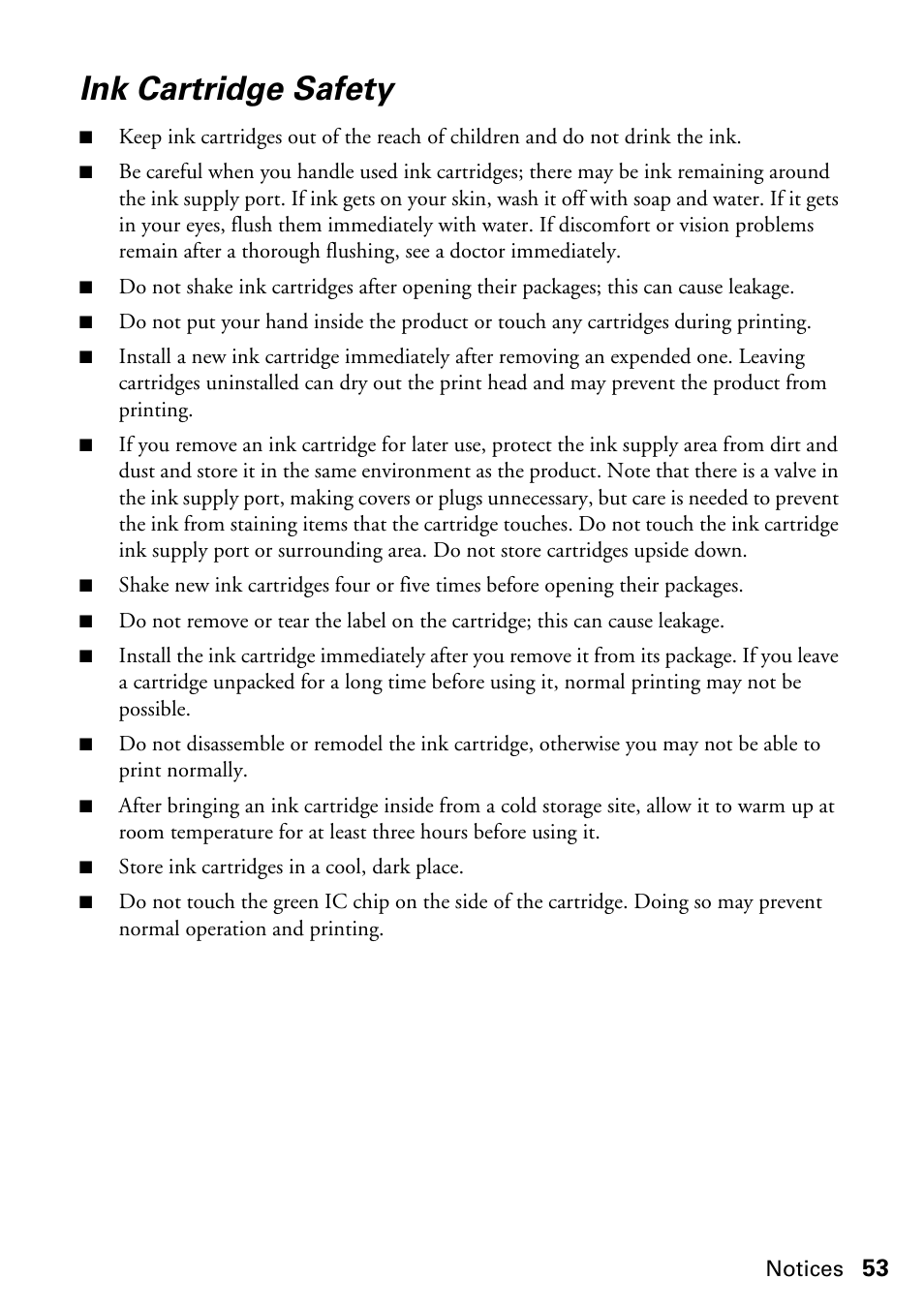 Ink cartridge safety | FARGO electronic STYLUS NX625 User Manual | Page 53 / 60