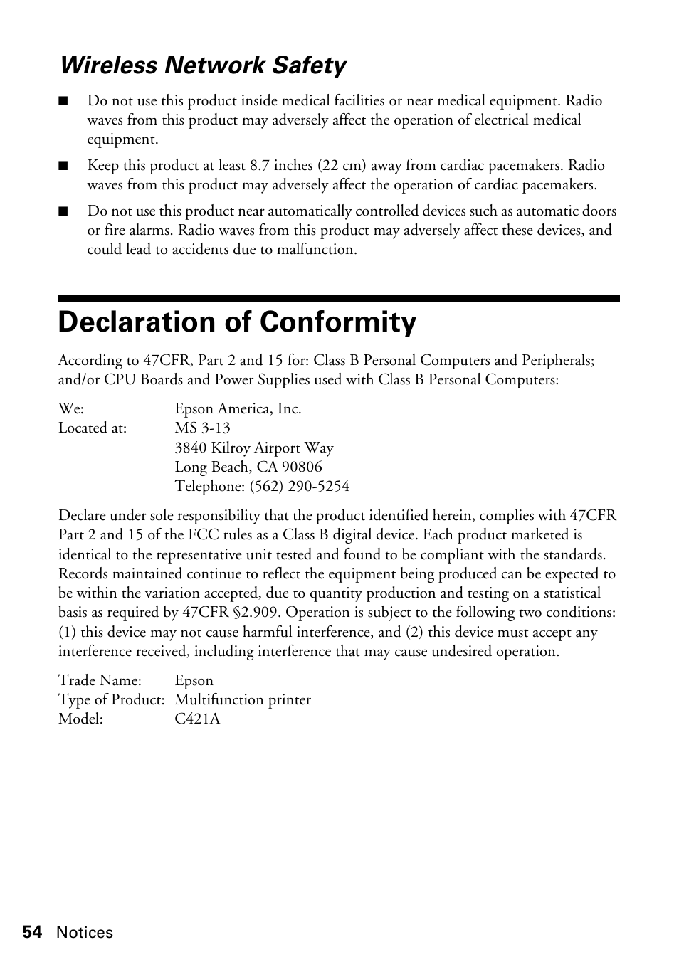 Wireless network safety, Declaration of conformity | FARGO electronic STYLUS NX625 User Manual | Page 54 / 60