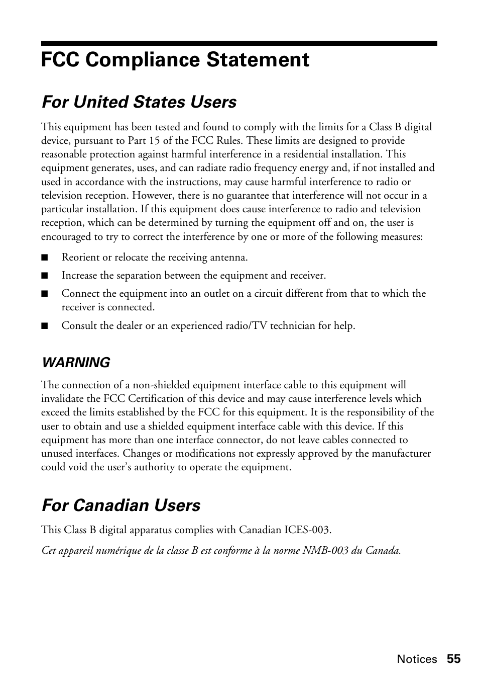 For united states users, For canadian users, Fcc compliance statement | FARGO electronic STYLUS NX625 User Manual | Page 55 / 60