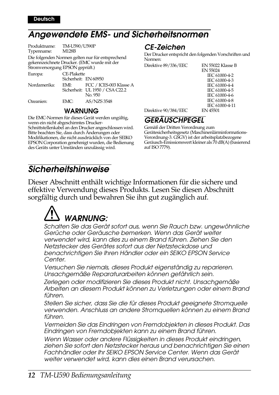 Angewendete ems- und sicherheitsnormen, Sicherheitshinweise, Warnung | Ce-zeichen, Geräuschpegel | FARGO electronic TM-U590 User Manual | Page 12 / 56