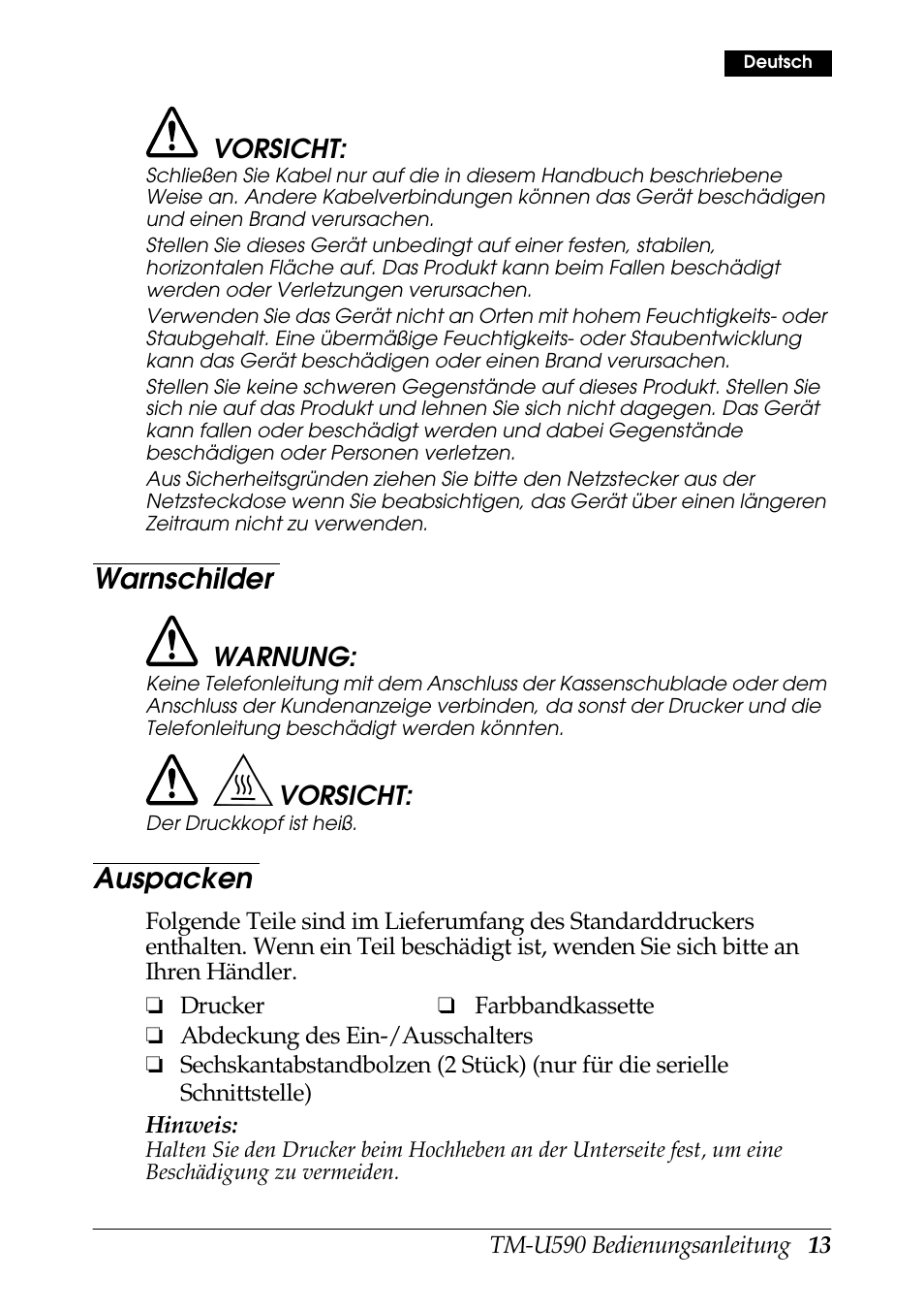 Warnschilder, Auspacken | FARGO electronic TM-U590 User Manual | Page 13 / 56