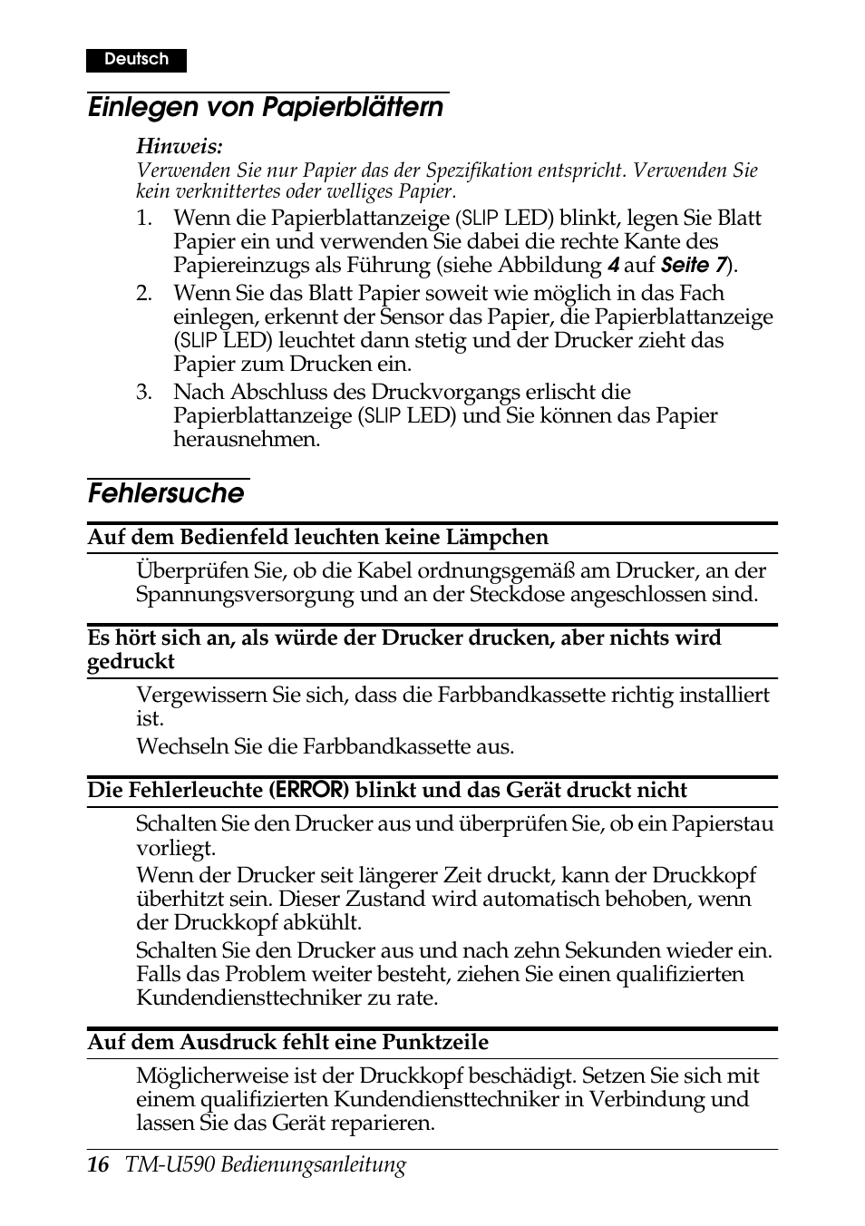 Einlegen von papierblättern, Fehlersuche | FARGO electronic TM-U590 User Manual | Page 16 / 56