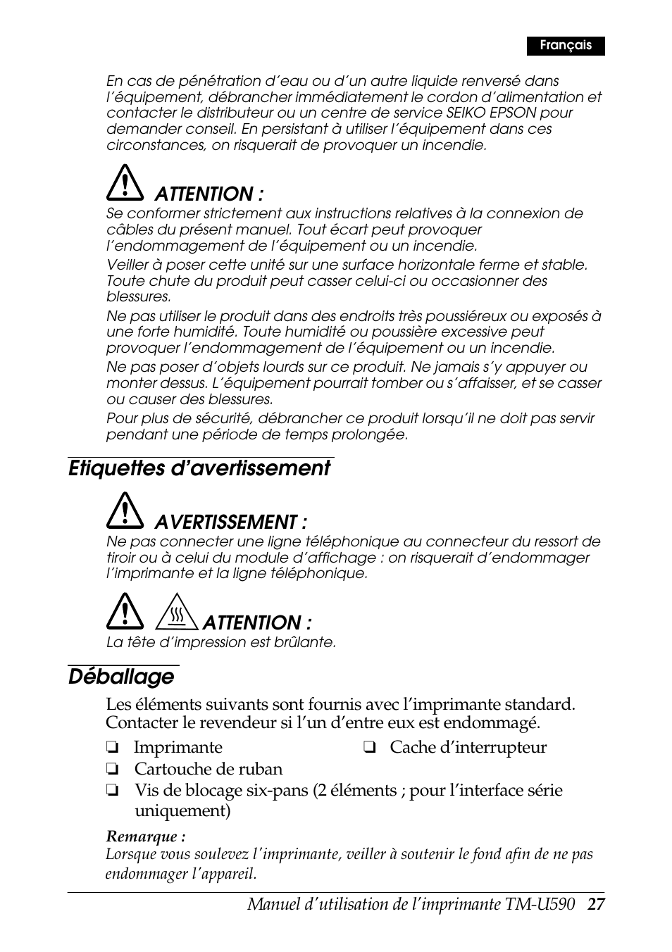 Etiquettes d’avertissement, Déballage, Attention | Avertissement | FARGO electronic TM-U590 User Manual | Page 27 / 56