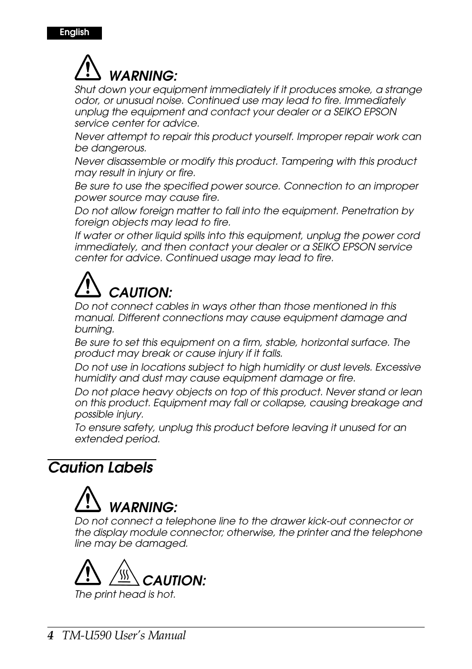 Caution labels | FARGO electronic TM-U590 User Manual | Page 4 / 56