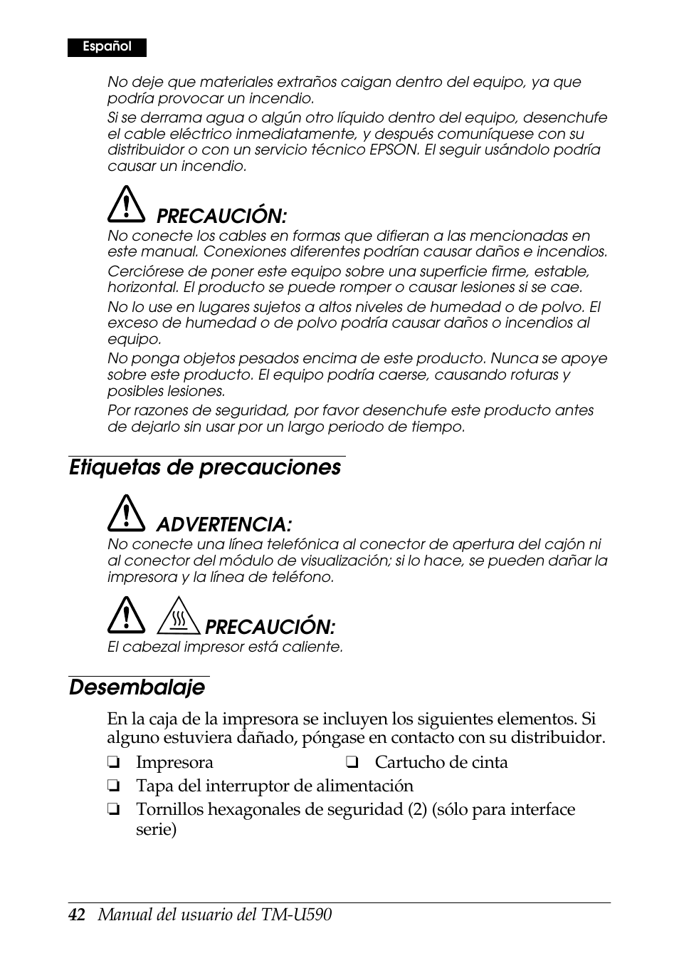 Etiquetas de precauciones, Desembalaje | FARGO electronic TM-U590 User Manual | Page 42 / 56