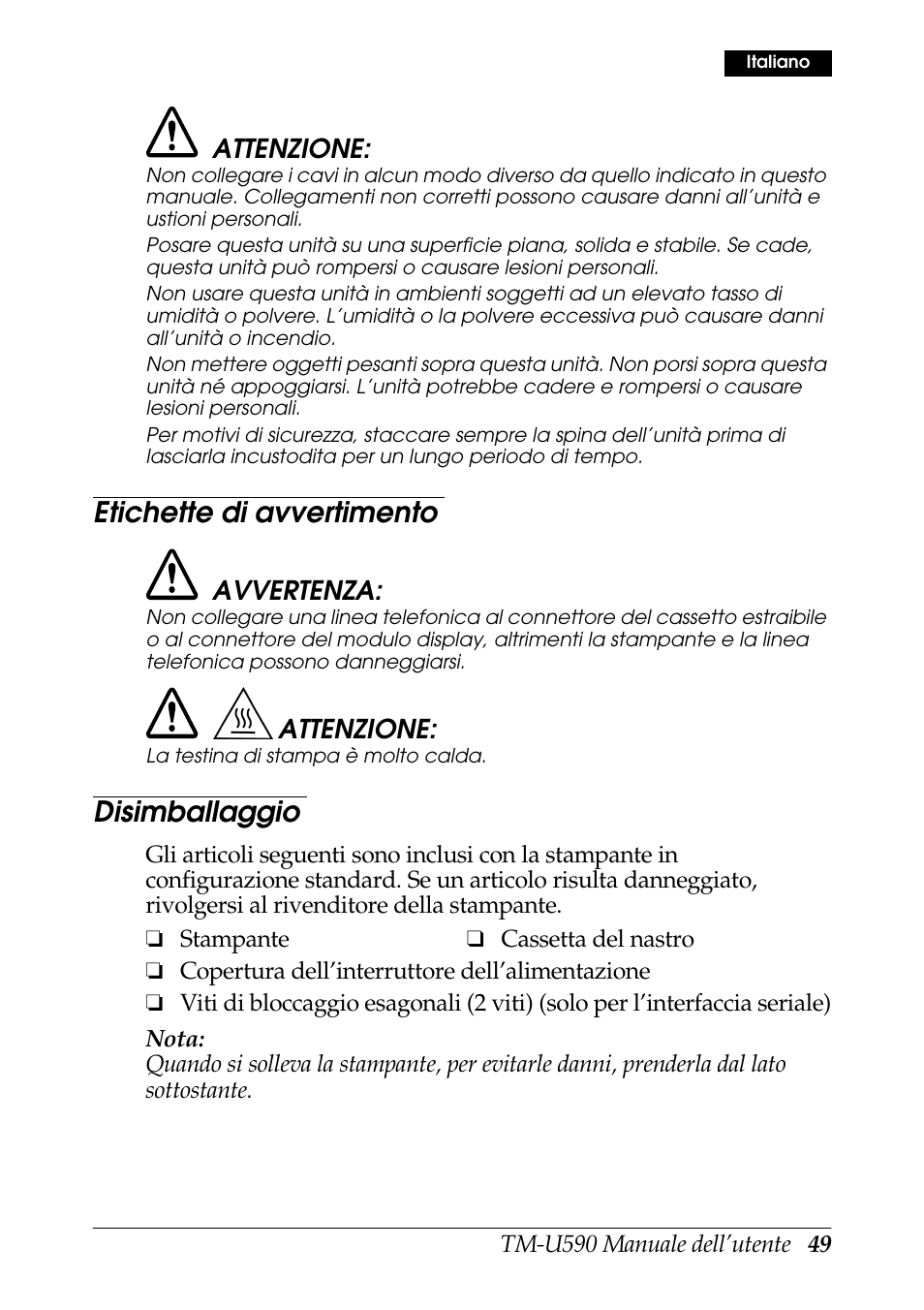 Etichette di avvertimento, Disimballaggio | FARGO electronic TM-U590 User Manual | Page 49 / 56