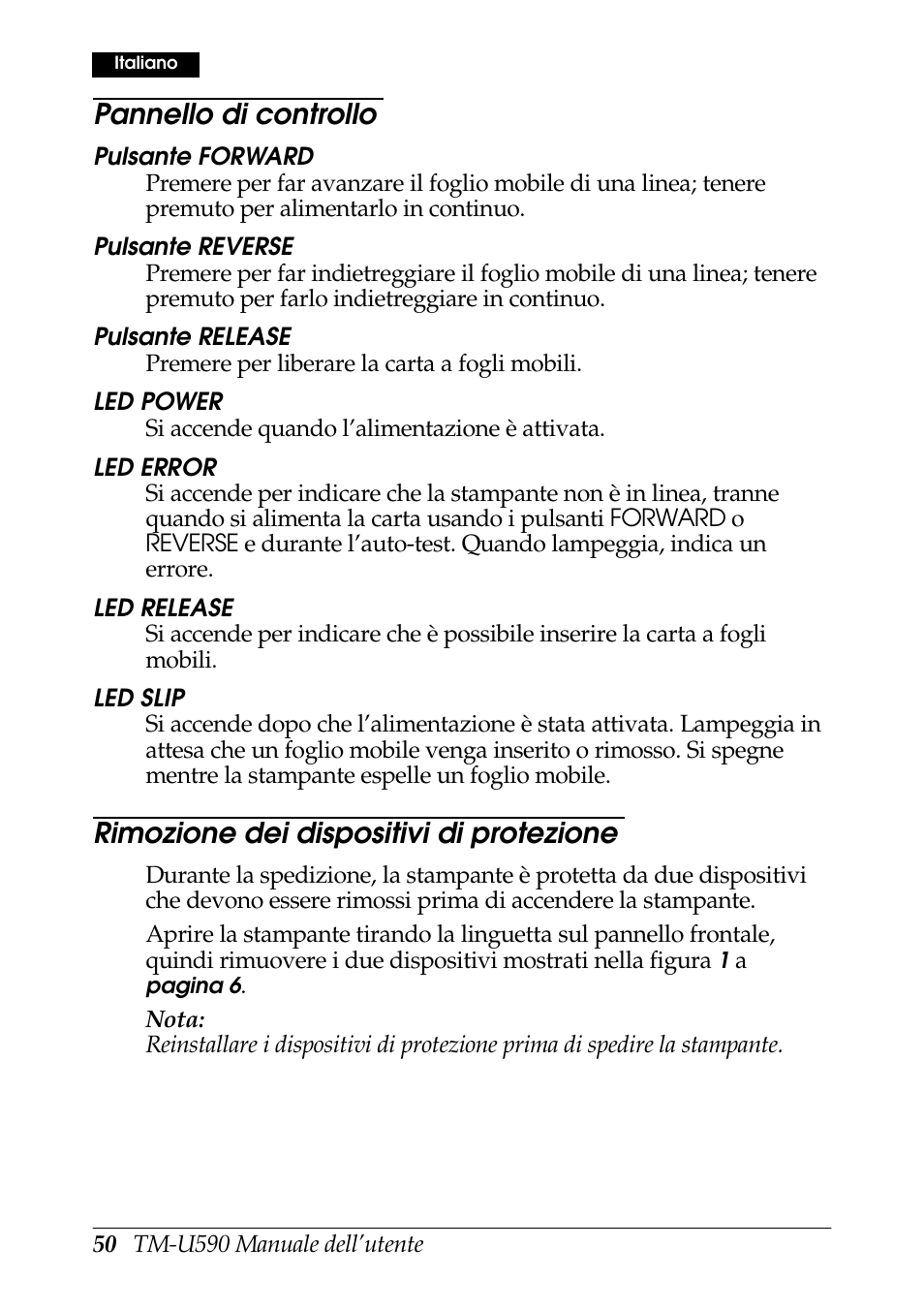 Pannello di controllo, Rimozione dei dispositivi di protezione | FARGO electronic TM-U590 User Manual | Page 50 / 56