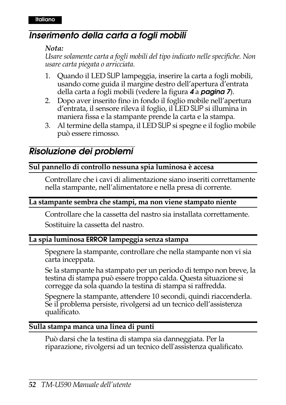 Inserimento della carta a fogli mobili, Risoluzione dei problemi | FARGO electronic TM-U590 User Manual | Page 52 / 56