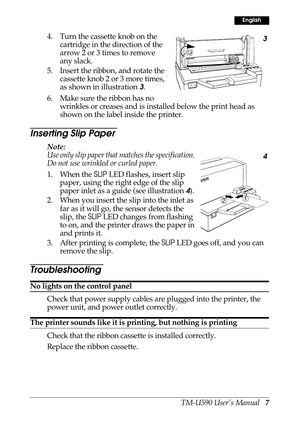Inserting slip paper, Troubleshooting, Tm-u590 user’s manual 7 | FARGO electronic TM-U590 User Manual | Page 7 / 56