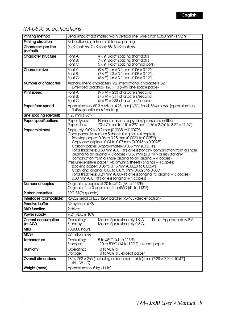 Tm-u590 user’s manual 9, Tm-u590 specifications | FARGO electronic TM-U590 User Manual | Page 9 / 56