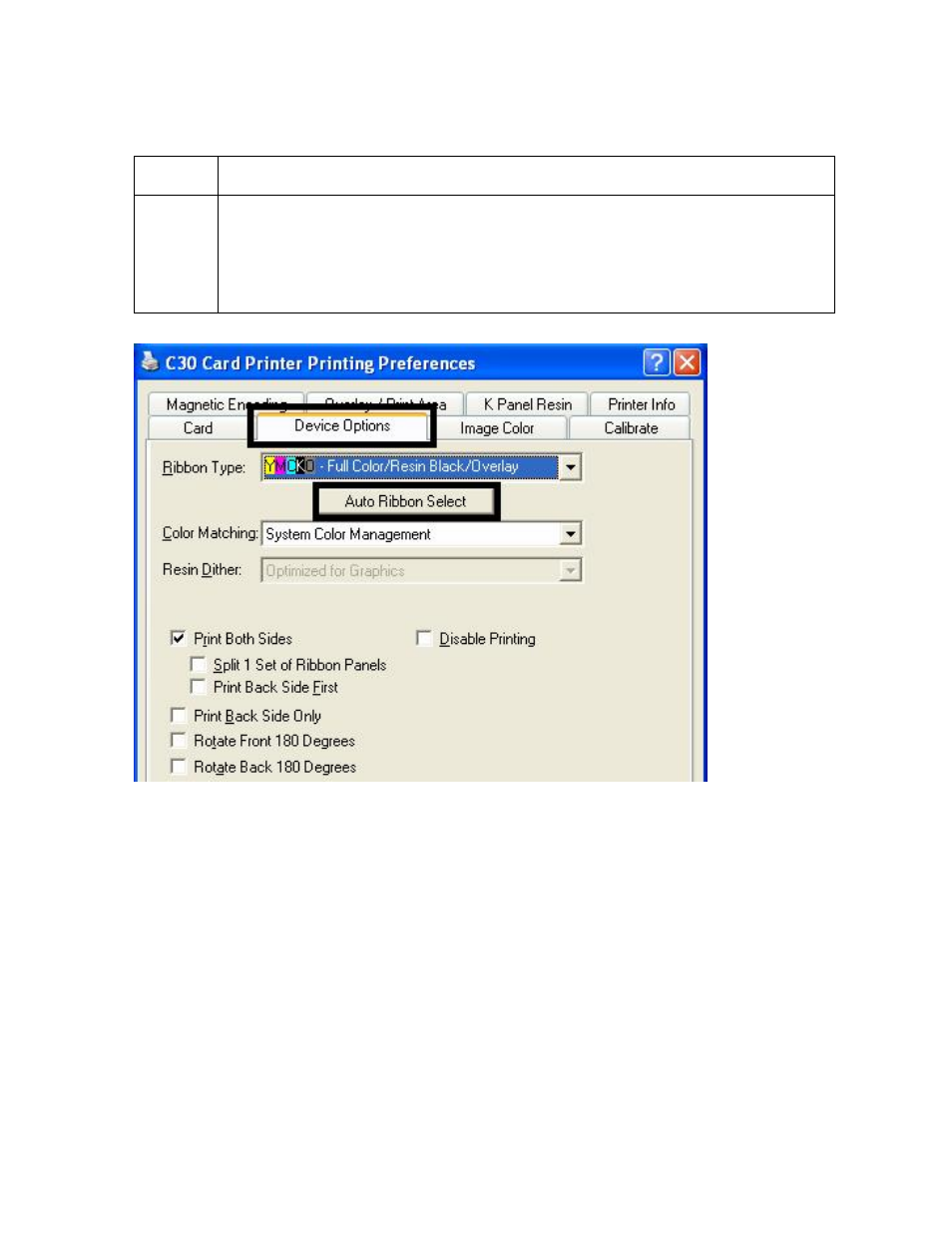 Selecting the auto ribbon select option -16, Selecting the auto ribbon select option | FARGO electronic C30 User Manual | Page 123 / 298