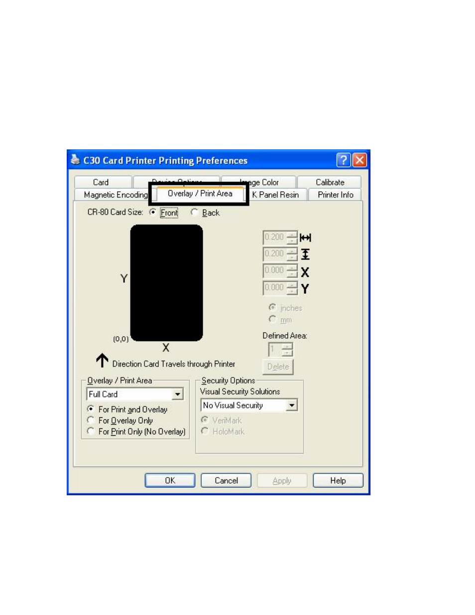 Using the overlay / print area tab (persona c30), Persona c30), C30) | FARGO electronic C30 User Manual | Page 158 / 298