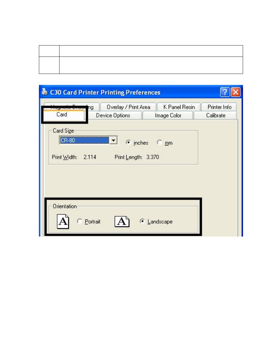 Selecting orientation - landscape under card tab | FARGO electronic C30 User Manual | Page 172 / 298