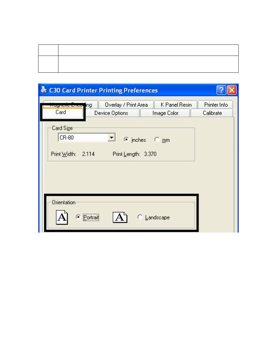 Selecting orientation - portrait under card tab | FARGO electronic C30 User Manual | Page 174 / 298