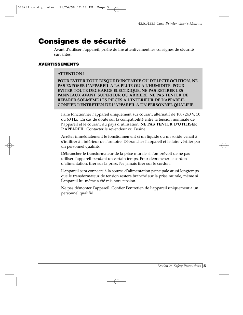 Consignes de sécurité | FARGO electronic Card Printer User Manual | Page 10 / 96