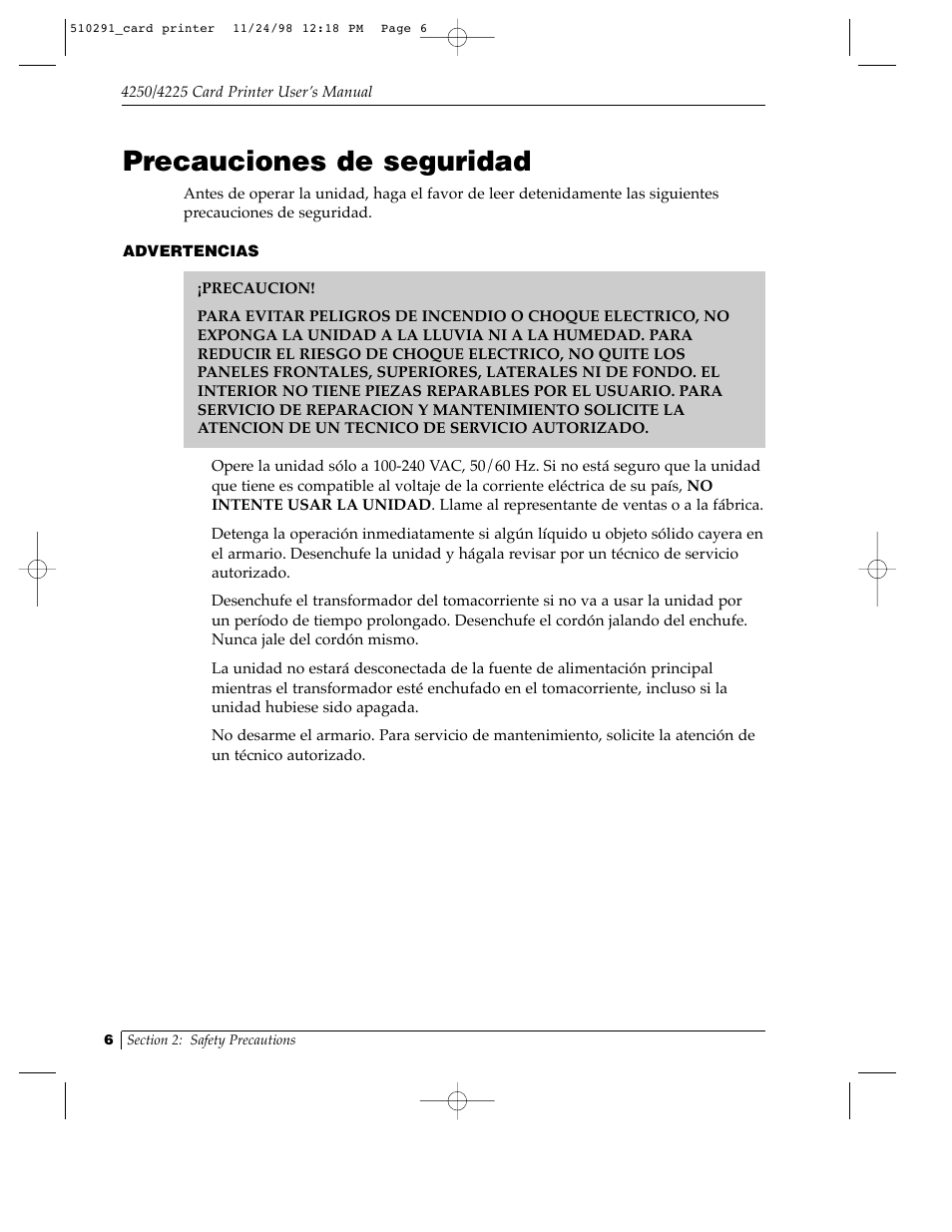 Precauciones de seguridad | FARGO electronic Card Printer User Manual | Page 11 / 96