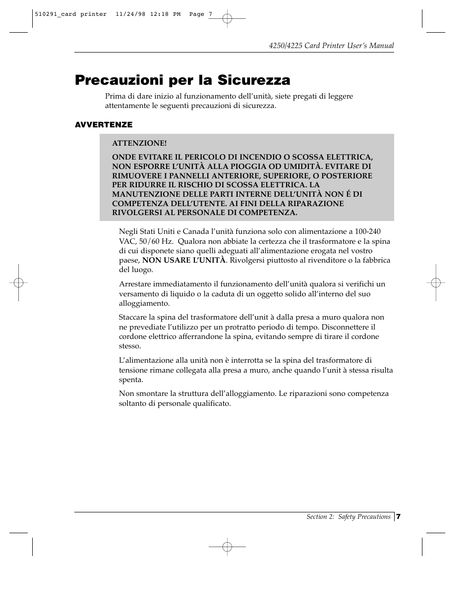 Precauzioni per la sicurezza | FARGO electronic Card Printer User Manual | Page 12 / 96