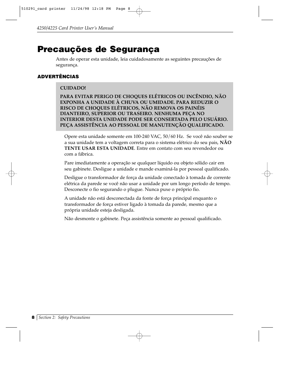 Precauções de segurança | FARGO electronic Card Printer User Manual | Page 13 / 96