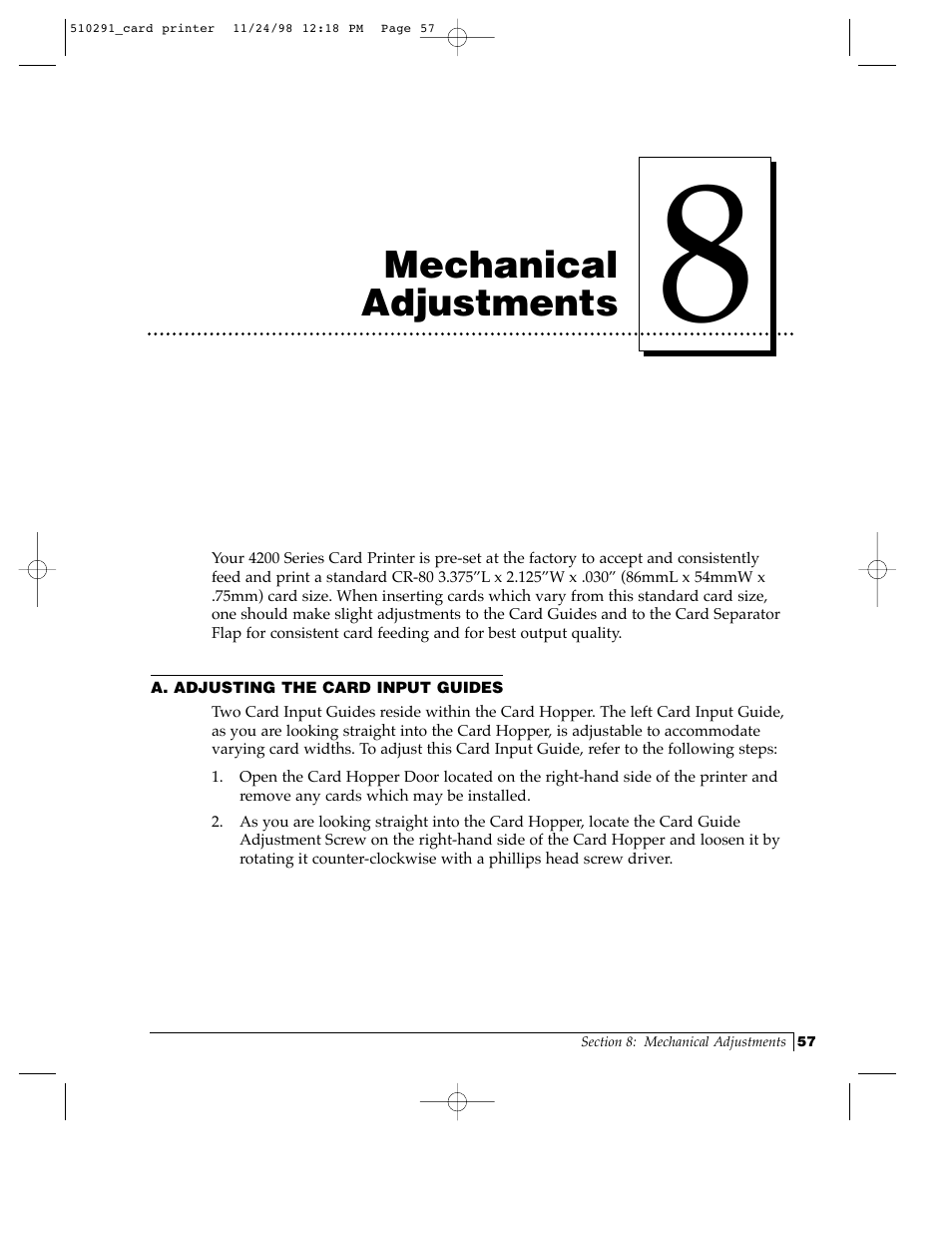 Mechanical adjustments | FARGO electronic Card Printer User Manual | Page 62 / 96
