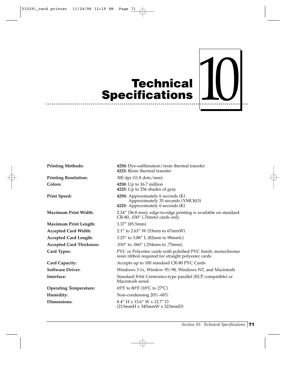 Technical specifications | FARGO electronic Card Printer User Manual | Page 76 / 96