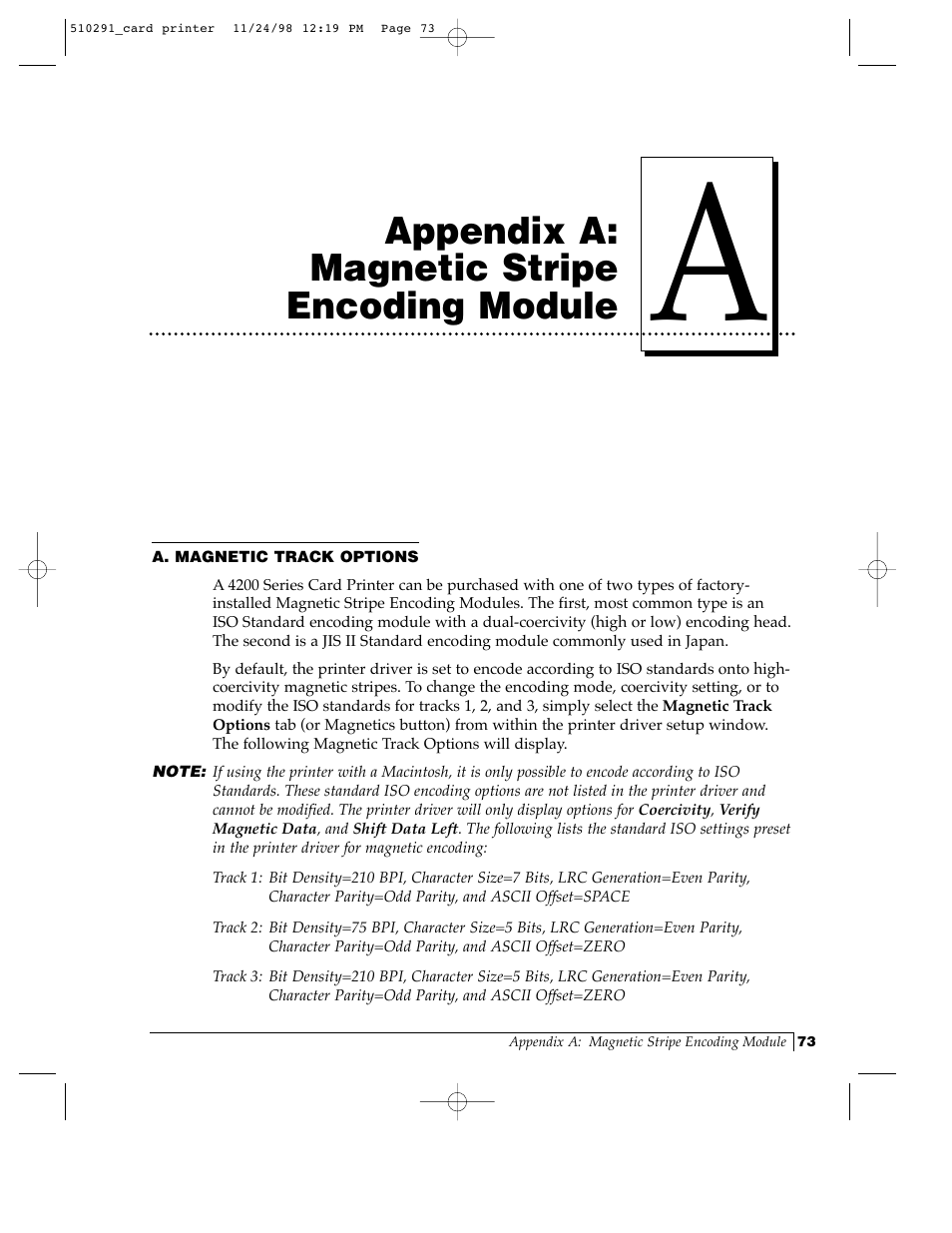 Appendix a: magnetic stripe encoding module | FARGO electronic Card Printer User Manual | Page 78 / 96