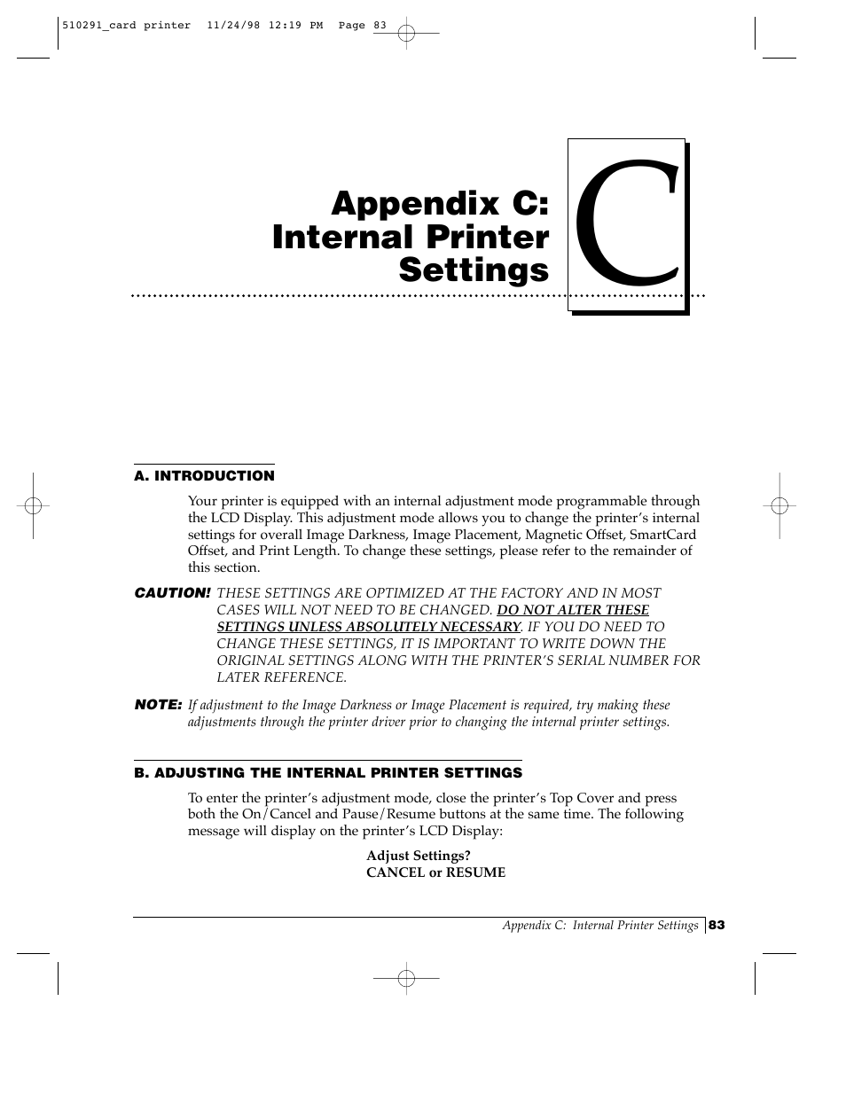 Appendix c: internal printer settings | FARGO electronic Card Printer User Manual | Page 88 / 96