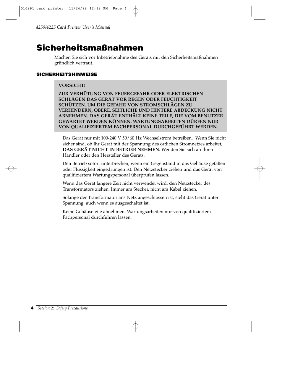 Sicherheitsmaßnahmen | FARGO electronic Card Printer User Manual | Page 9 / 96