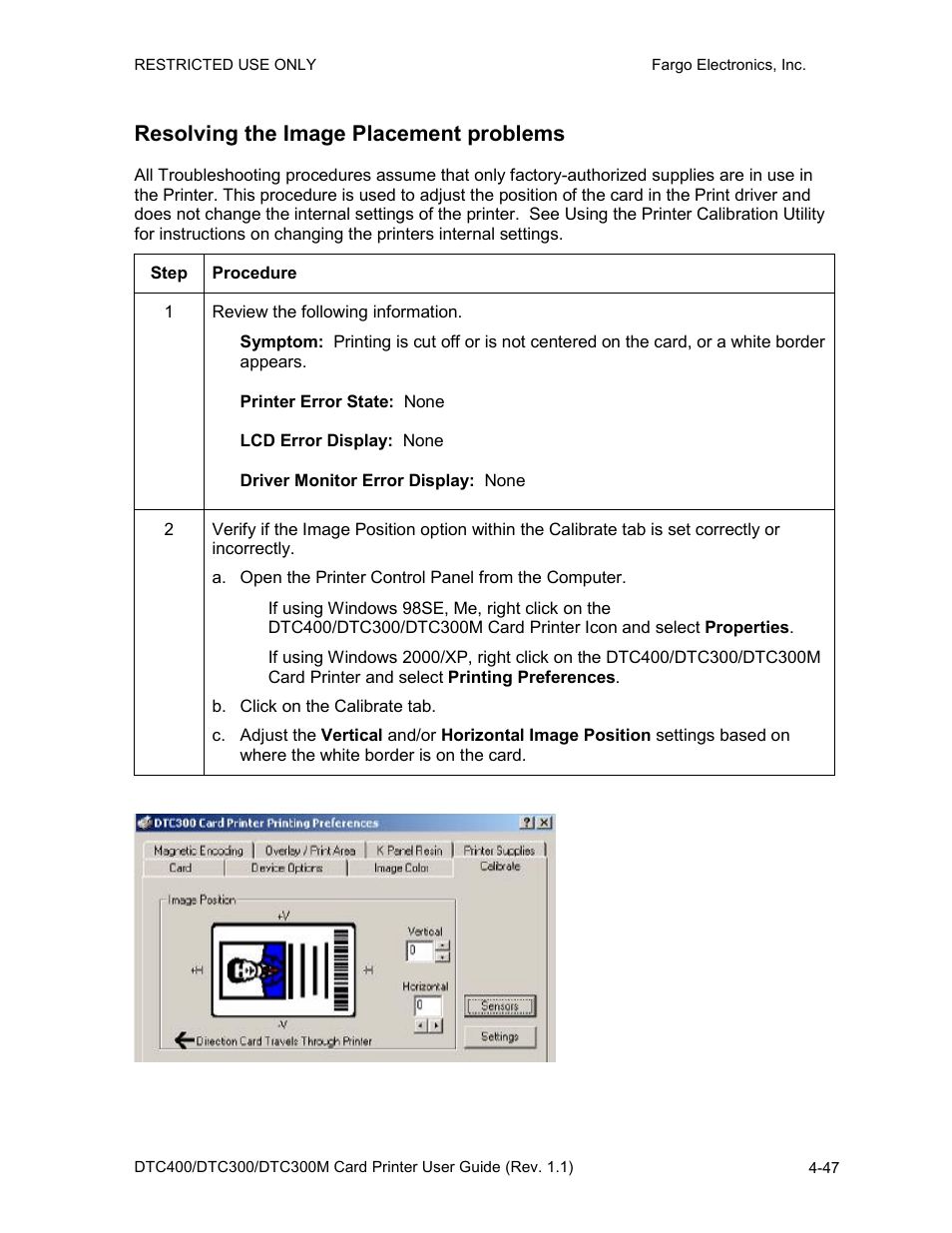 Resolving the image placement problems, Resolving the image placement problems -47 | FARGO electronic DTC400 User Manual | Page 104 / 278