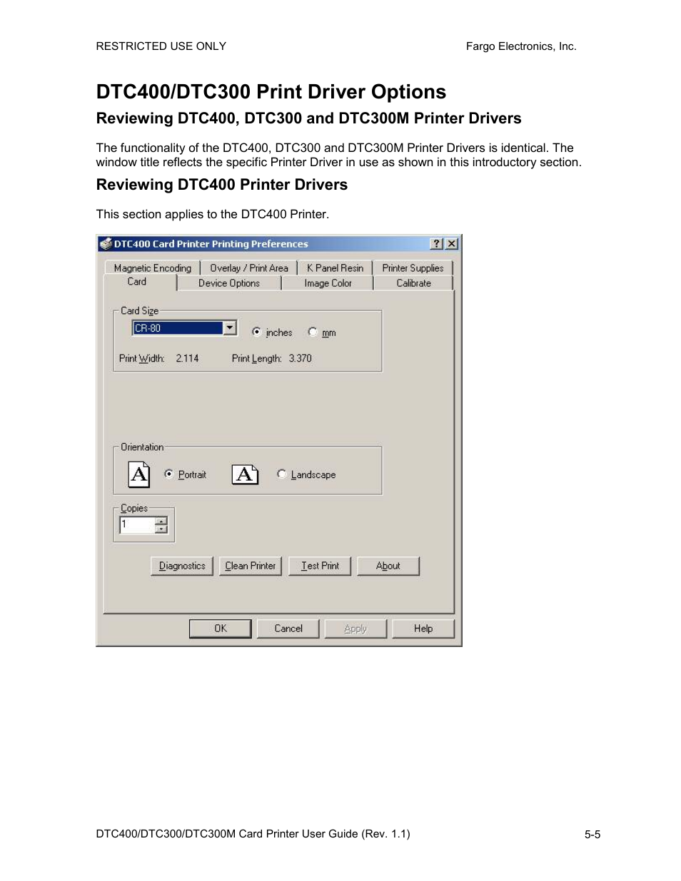 Dtc400/dtc300 print driver options, Reviewing dtc400 printer drivers, Dtc400/dtc300 print driver options -5 | FARGO electronic DTC400 User Manual | Page 115 / 278