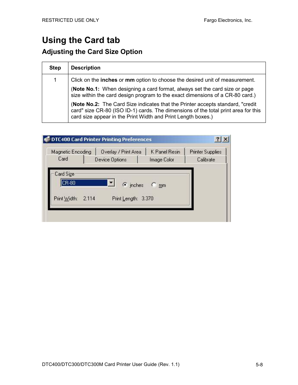 Using the card tab, Adjusting the card size option, Using the card tab -8 | Adjusting the card size option -8 | FARGO electronic DTC400 User Manual | Page 118 / 278