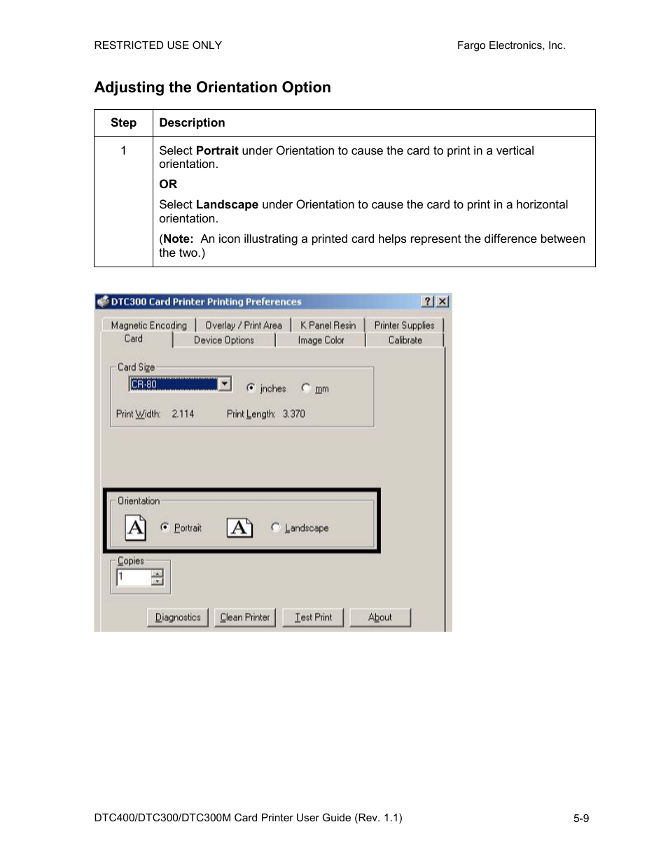 Adjusting the orientation option, Adjusting the orientation option -9 | FARGO electronic DTC400 User Manual | Page 119 / 278