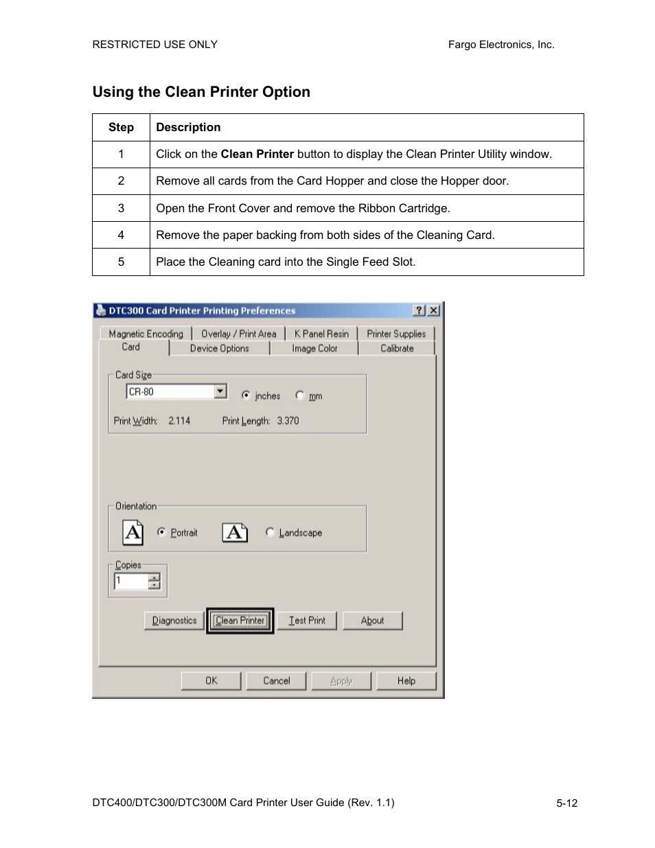 Using the clean printer option, Using the clean printer option -12 | FARGO electronic DTC400 User Manual | Page 122 / 278