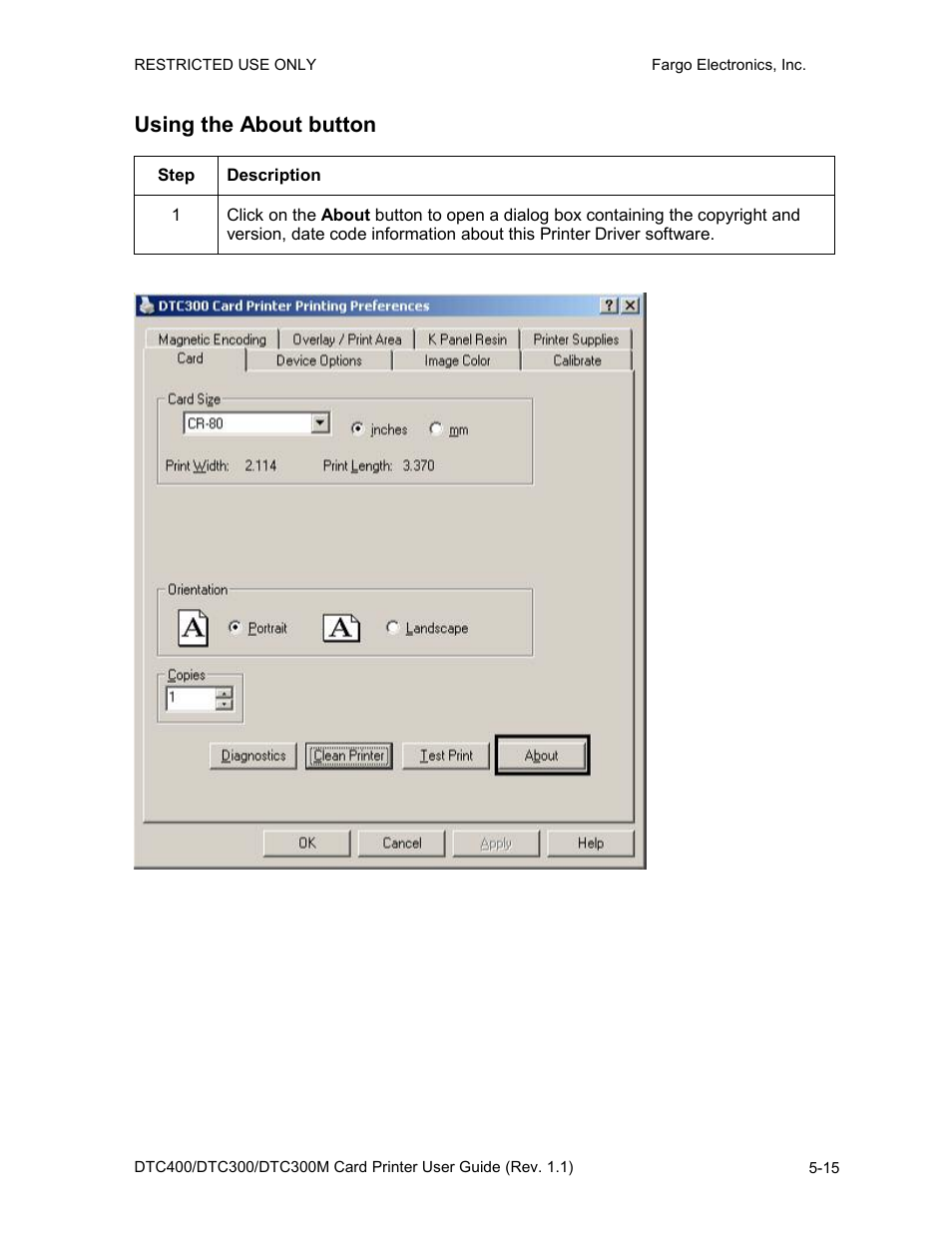 Using the about button, Using the about button -15 | FARGO electronic DTC400 User Manual | Page 125 / 278