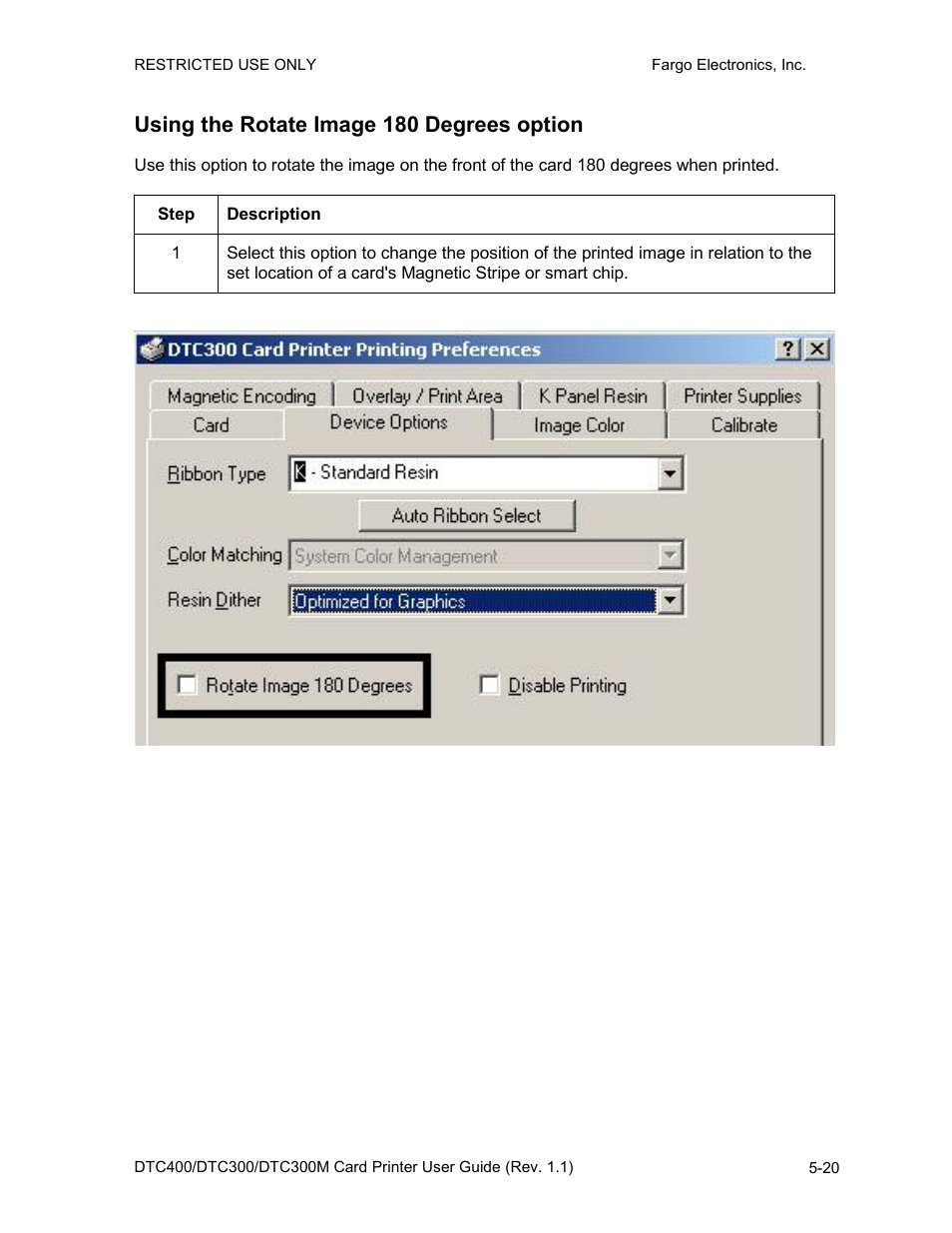Using the rotate image 180 degrees option, Using the rotate image 180 degrees option -20 | FARGO electronic DTC400 User Manual | Page 130 / 278