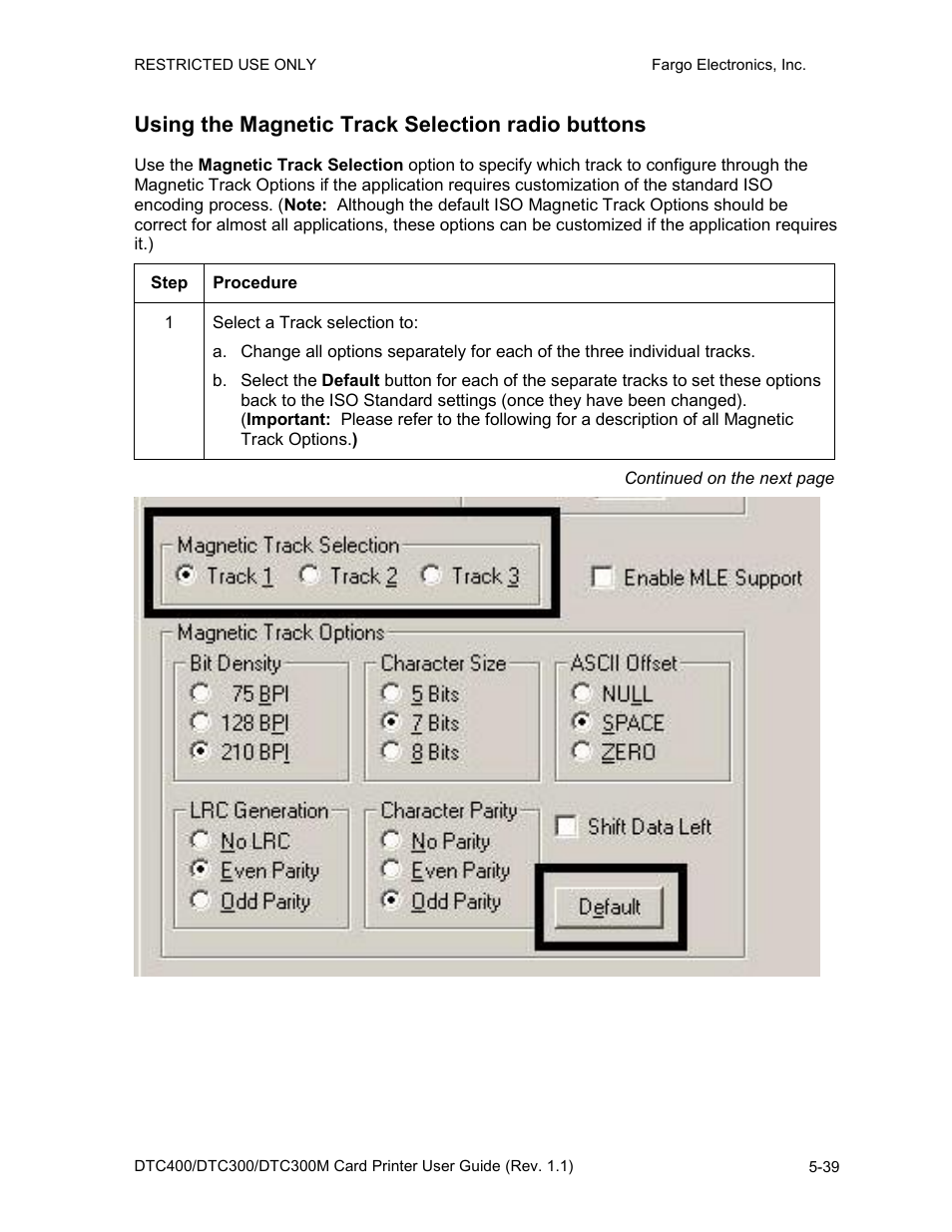 Using the magnetic track selection radio buttons | FARGO electronic DTC400 User Manual | Page 149 / 278