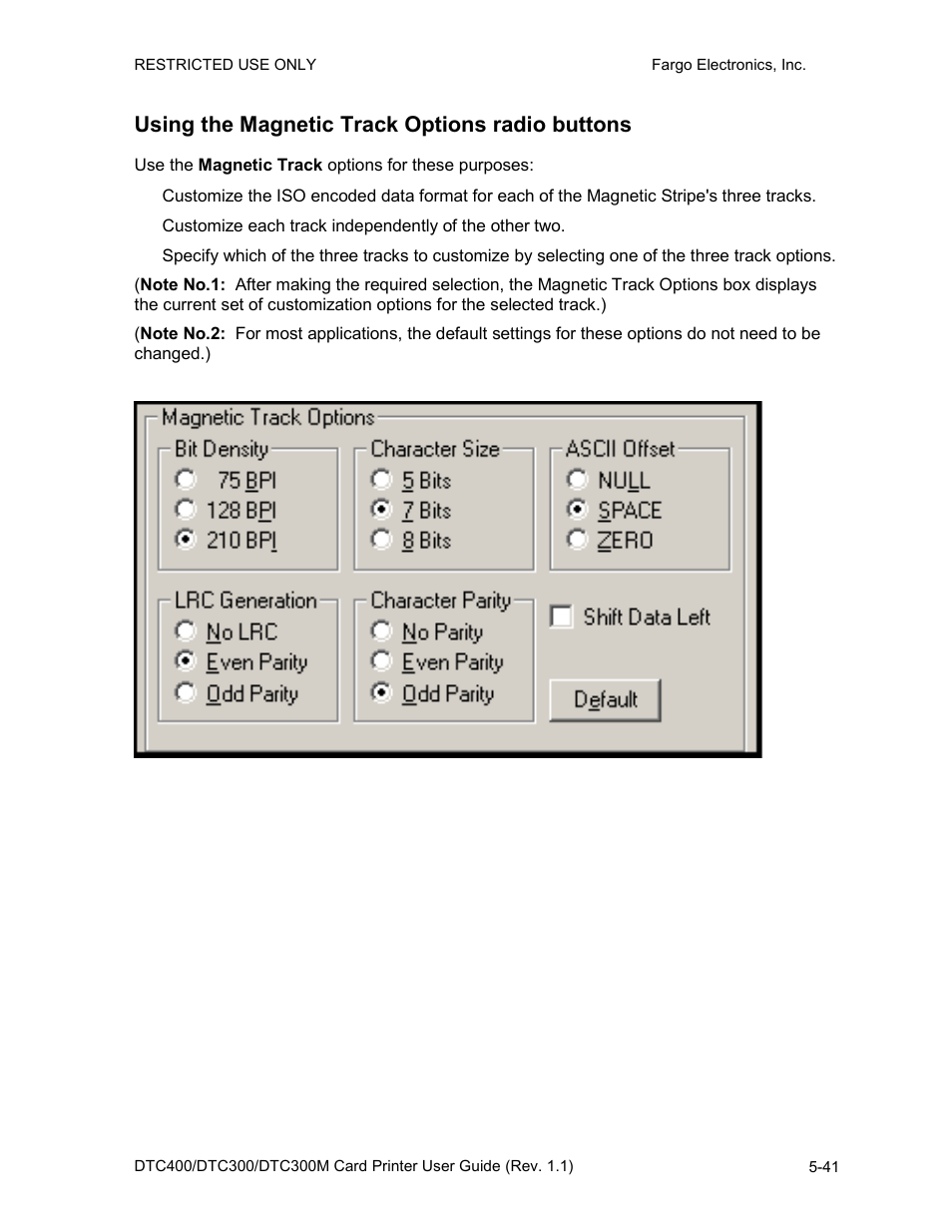 Using the magnetic track options radio buttons, Using the magnetic track options radio buttons -41 | FARGO electronic DTC400 User Manual | Page 151 / 278