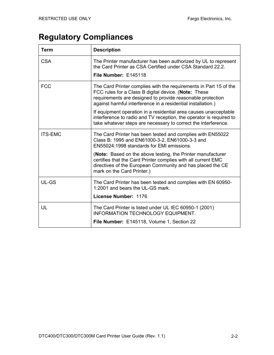 Regulatory compliances, Regulatory compliances -2 | FARGO electronic DTC400 User Manual | Page 16 / 278