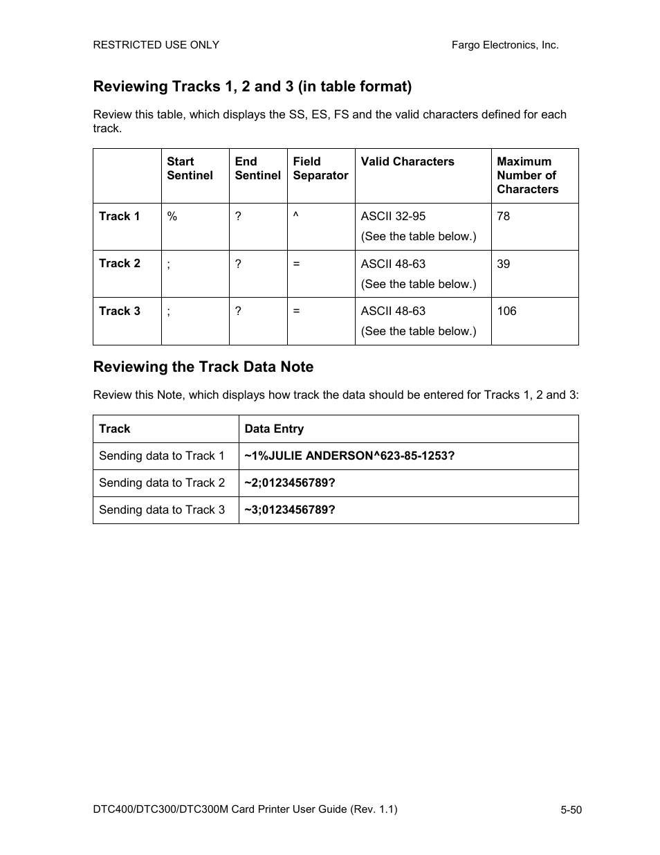 Reviewing tracks 1, 2 and 3 (in table format), Reviewing the track data note | FARGO electronic DTC400 User Manual | Page 160 / 278