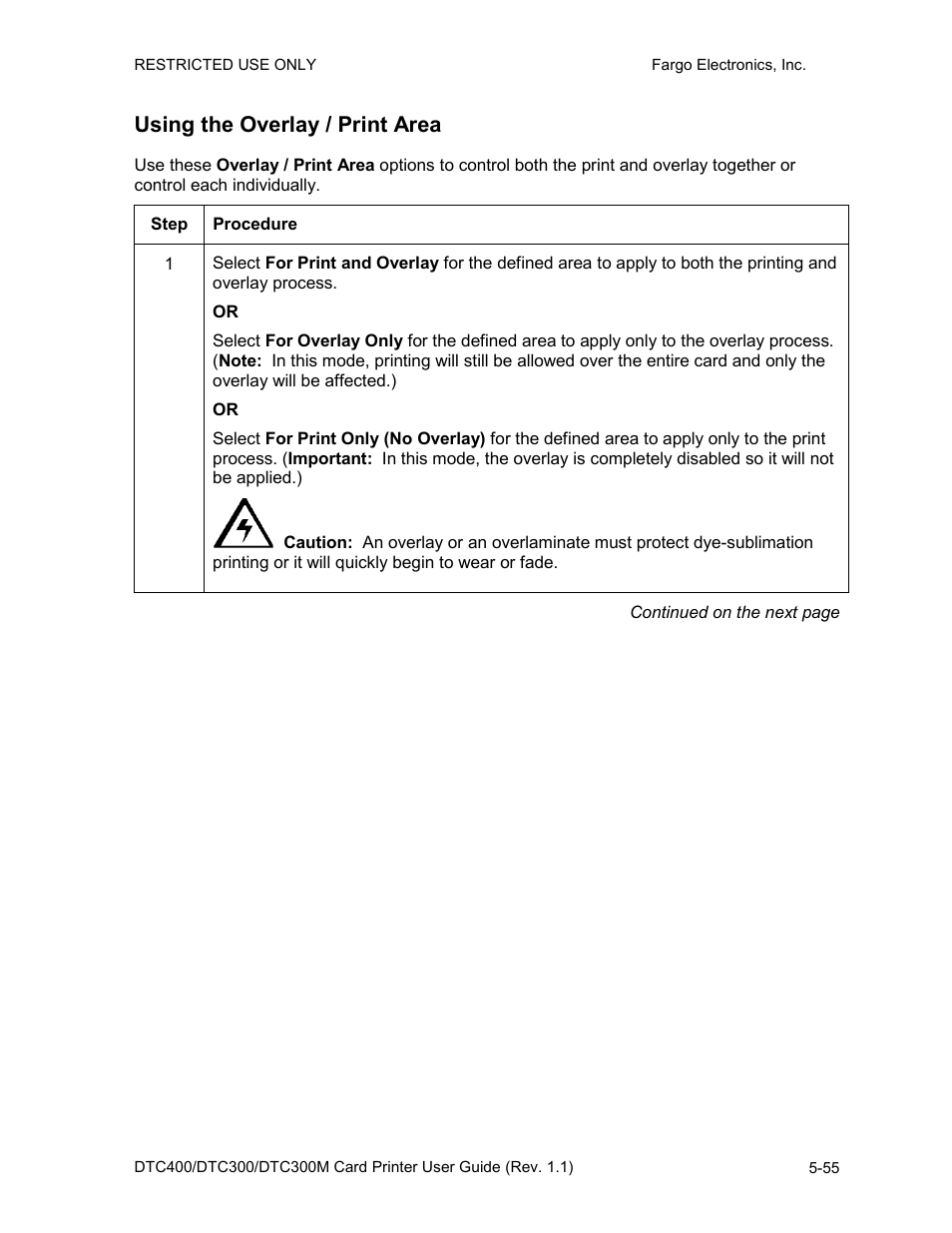 Using the overlay / print area, Using the overlay / print area -55 | FARGO electronic DTC400 User Manual | Page 165 / 278