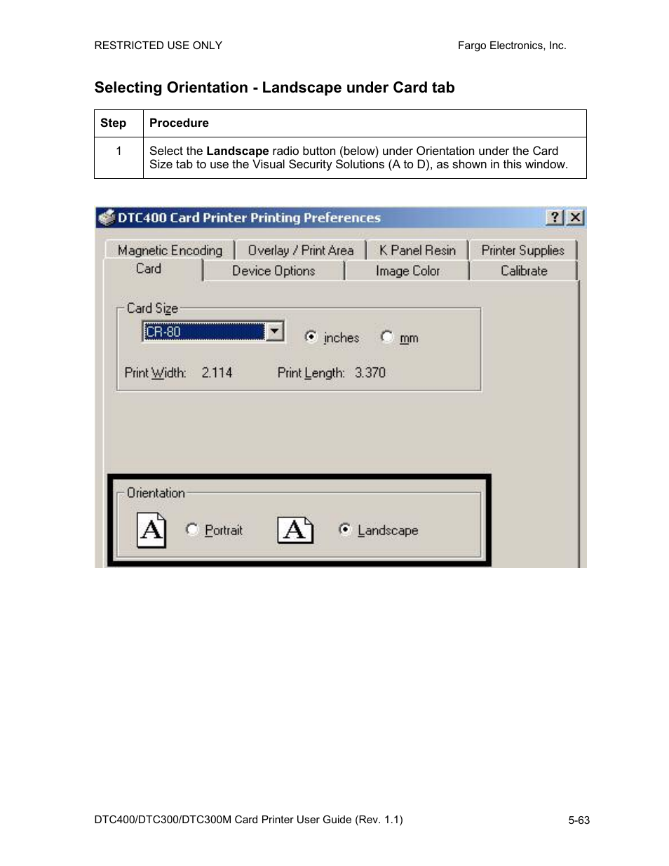 Selecting orientation - landscape under card tab | FARGO electronic DTC400 User Manual | Page 173 / 278