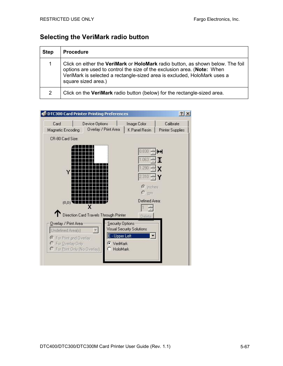 Selecting the verimark radio button, Selecting the verimark radio button -67 | FARGO electronic DTC400 User Manual | Page 177 / 278