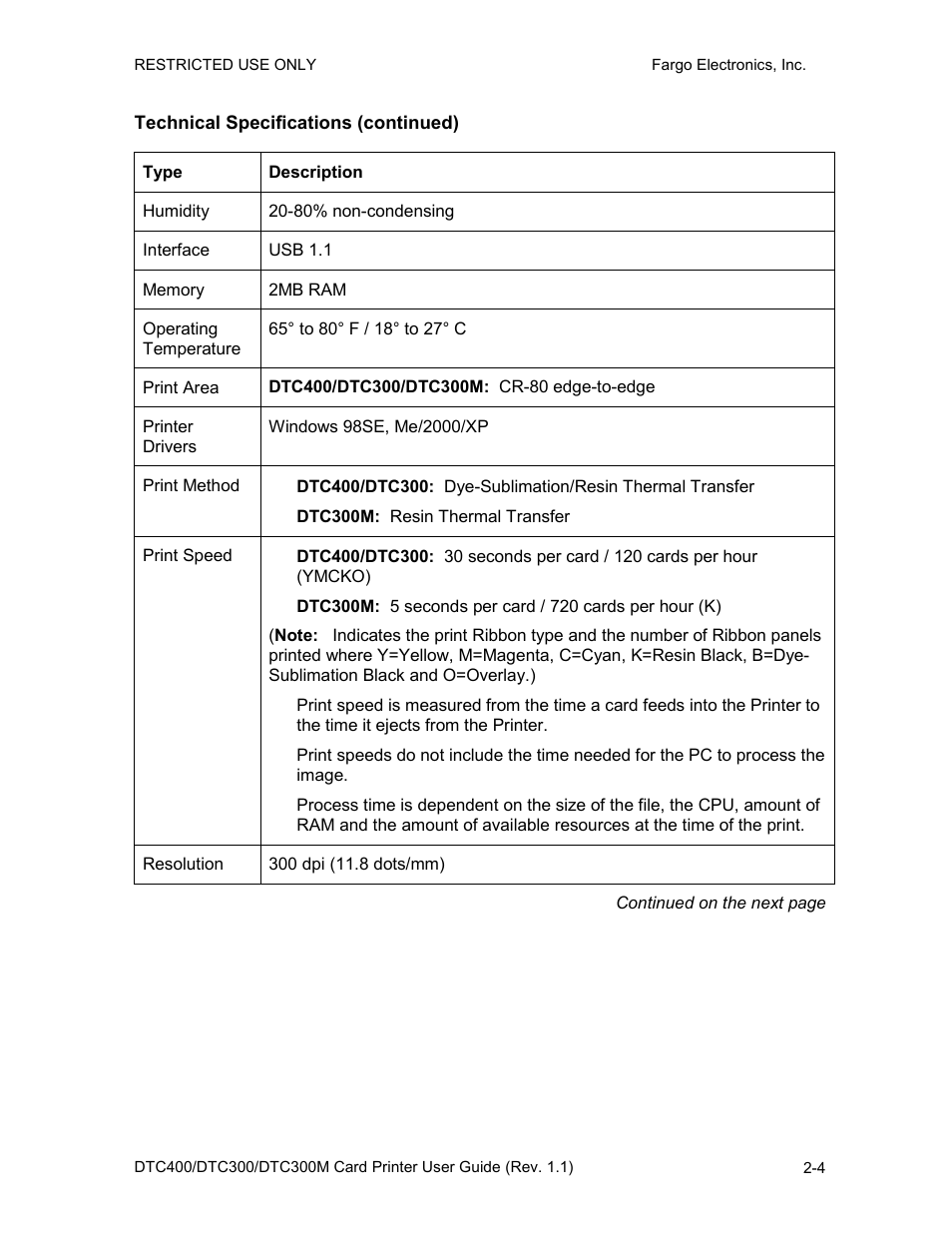 Technical specifications (continued), Technical specifications (continued) -4 | FARGO electronic DTC400 User Manual | Page 18 / 278