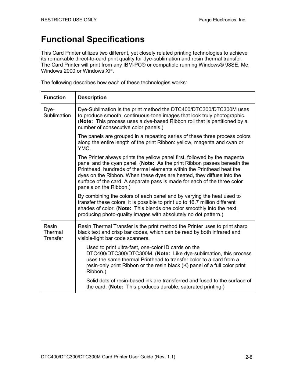 Functional specifications, Functional specifications -8 | FARGO electronic DTC400 User Manual | Page 22 / 278