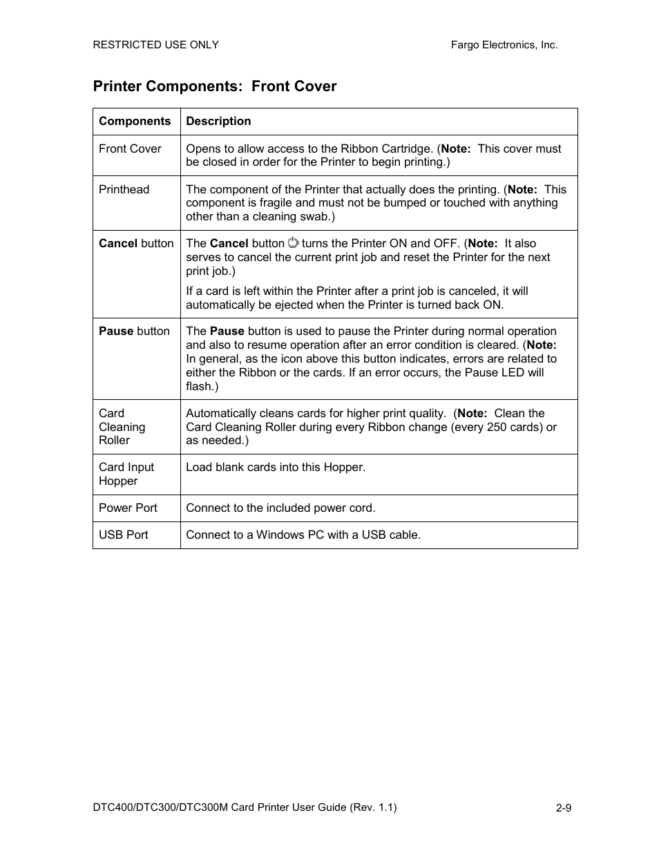 Printer components: front cover, Printer components: front cover -9 | FARGO electronic DTC400 User Manual | Page 23 / 278