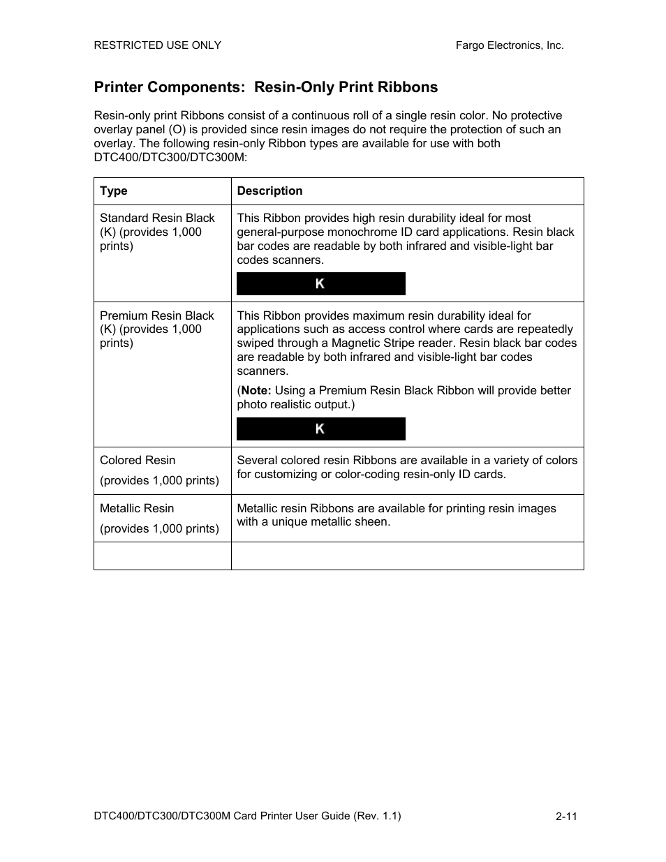 Printer components: resin-only print ribbons, Printer components: resin-only print ribbons -11 | FARGO electronic DTC400 User Manual | Page 25 / 278