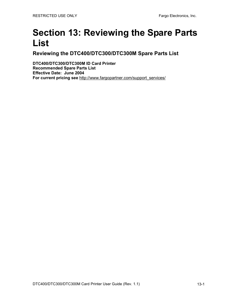 Section 13: reviewing the spare parts list, Section 13: reviewing the spare parts list -1 | FARGO electronic DTC400 User Manual | Page 251 / 278