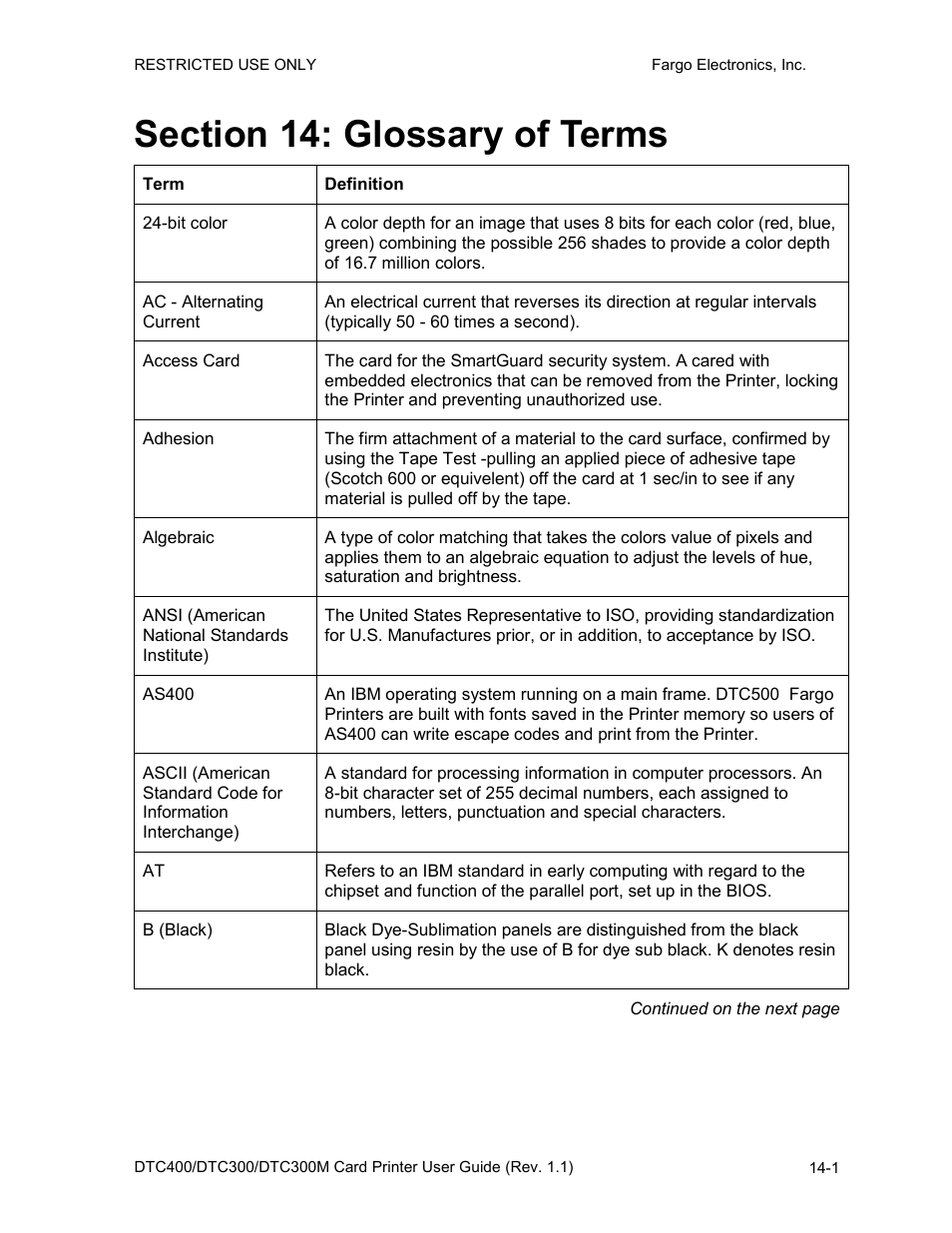 Section 14: glossary of terms, Section 14: glossary of terms -1 | FARGO electronic DTC400 User Manual | Page 252 / 278