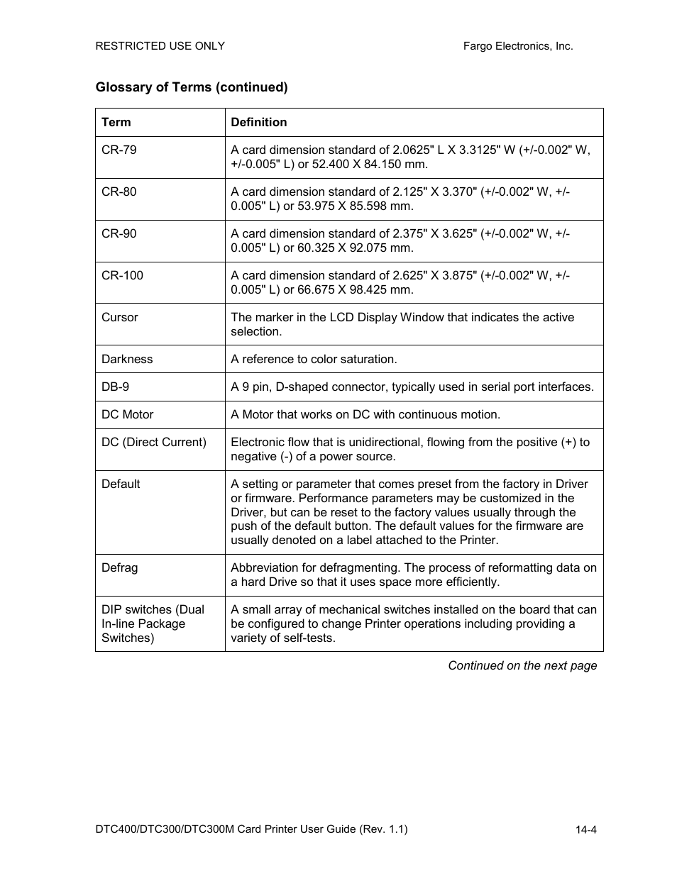 Glossary of terms (continued) | FARGO electronic DTC400 User Manual | Page 255 / 278